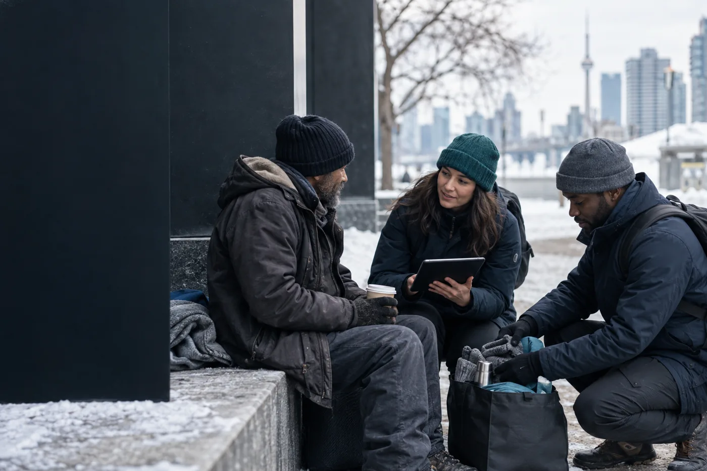 People talking beside an outdoor bench on a snowy day.
