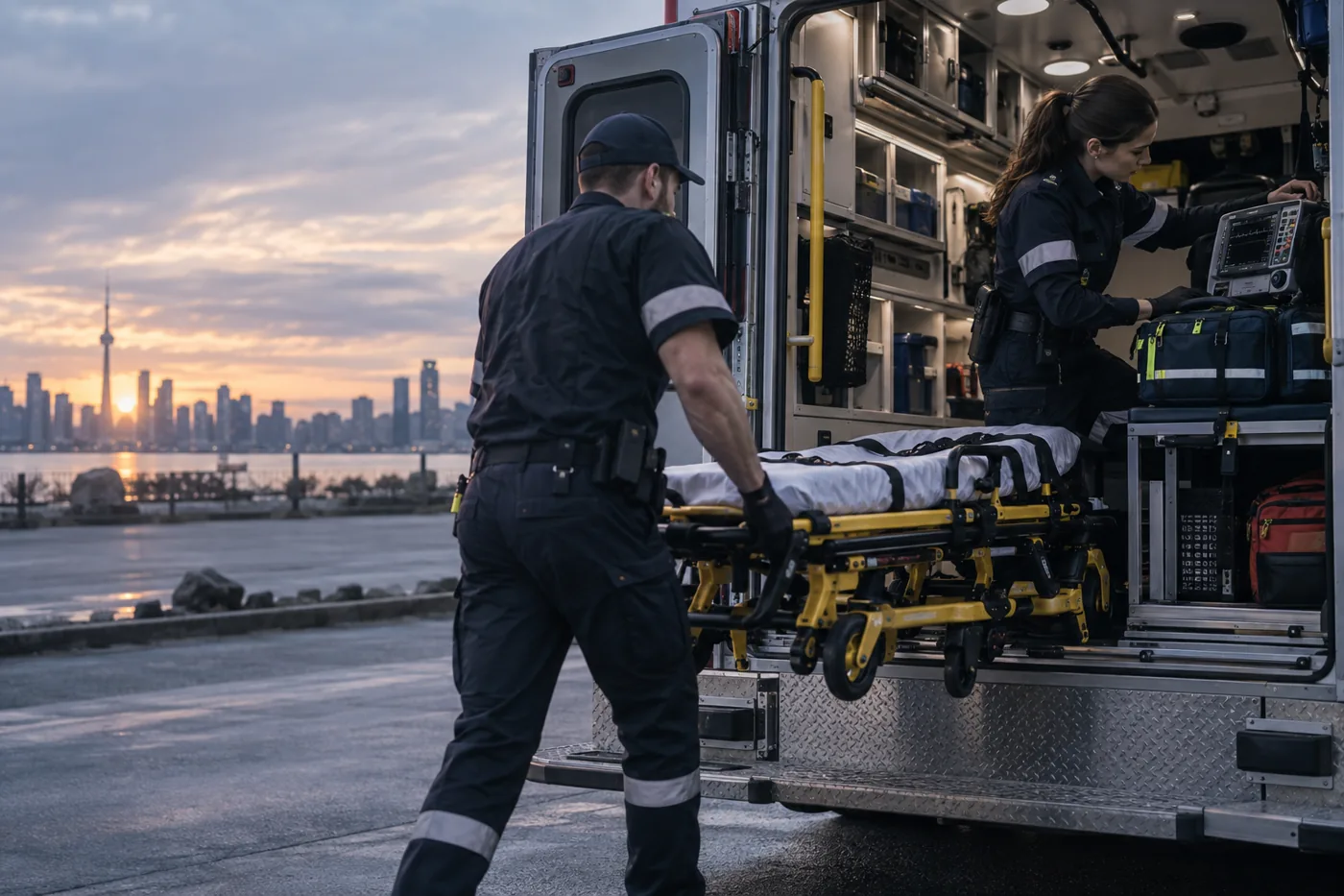 Paramedics moving a stretcher at the rear of an ambulance.